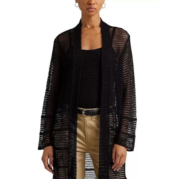 New RALPH LAUREN Women's Open Knit Linen Blend Cardigan  $245 Fringe Black Mediu - Picture 2 of 6